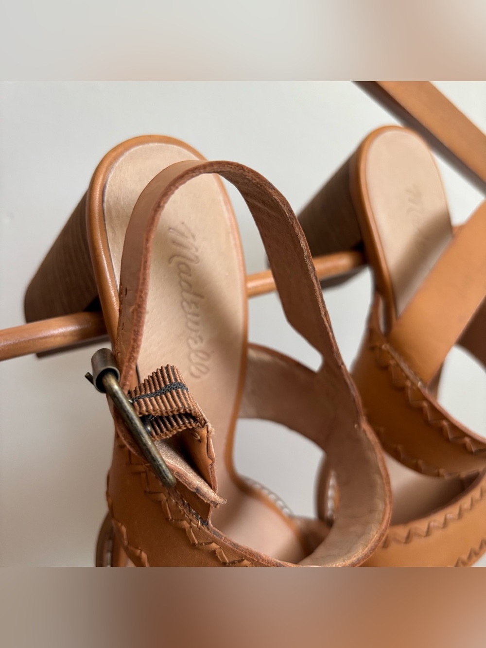 Madewell Leather Neutral Block Heels Sandal Buckle Size 8.5 Tan Caramel Cognac - Picture 4 of 5